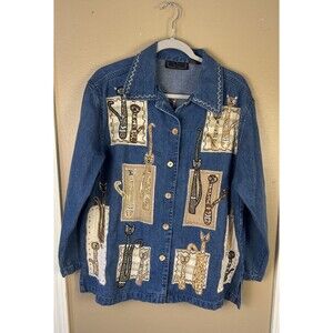 Life Style Women's Size 1X Embroidered Cute Cat Patch Blue Denim Jacket